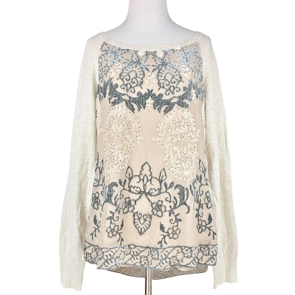 HALE BOB Burnout Velvet Silk Beaded Long-Sleeve Knit Top Cream/Champagne Size S